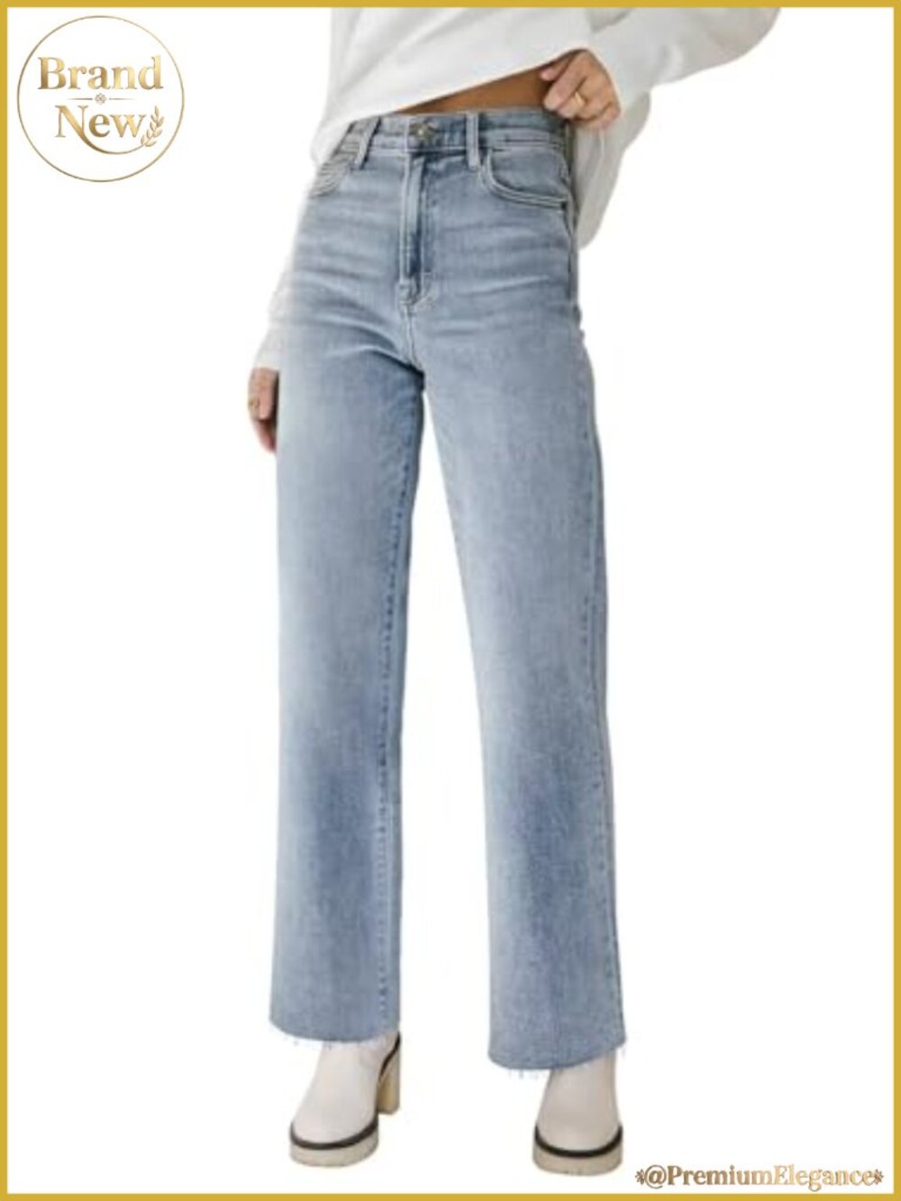High Rise Stretchy Straight Leg Jeans Raw Hem Cropped Baggy Women Denim